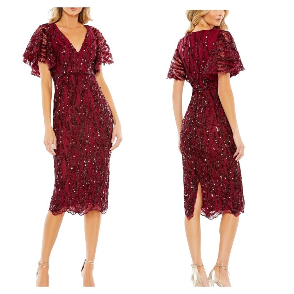 Mac Duggal Burgundy Sequin Midi Dress 68013 Size 16 NWT